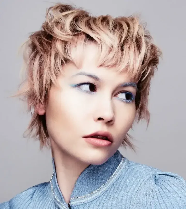 Model with straight ash-brown hair featuring framed cheek-length layers 2