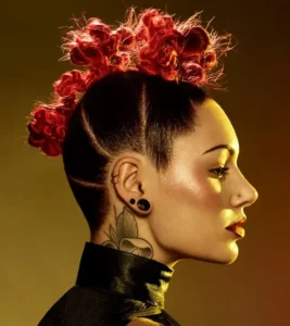 Side profile of undercut hairstyle featuring vibrant red textured hawk top for Joseph Ferraro Hair Rebel Rebel BHA 2015