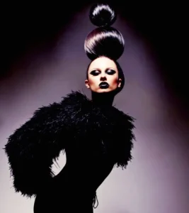 Frontal high-fashion portrait of a woman featuring an avant-garde, stacked multi-tiered sculptural topknot hair design, paired with dramatic dark makeup and a black feathered outfit