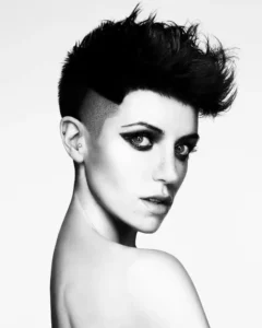 Black and white photograph featuring a short undercut hairstyle with voluminous spiky top styled for Joseph Ferraro Hair Deconstruktion BHA 2016