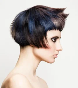 Precision dark navy cropped short bob with blue highlights, Joseph Ferraro Hair Modern Muse collection